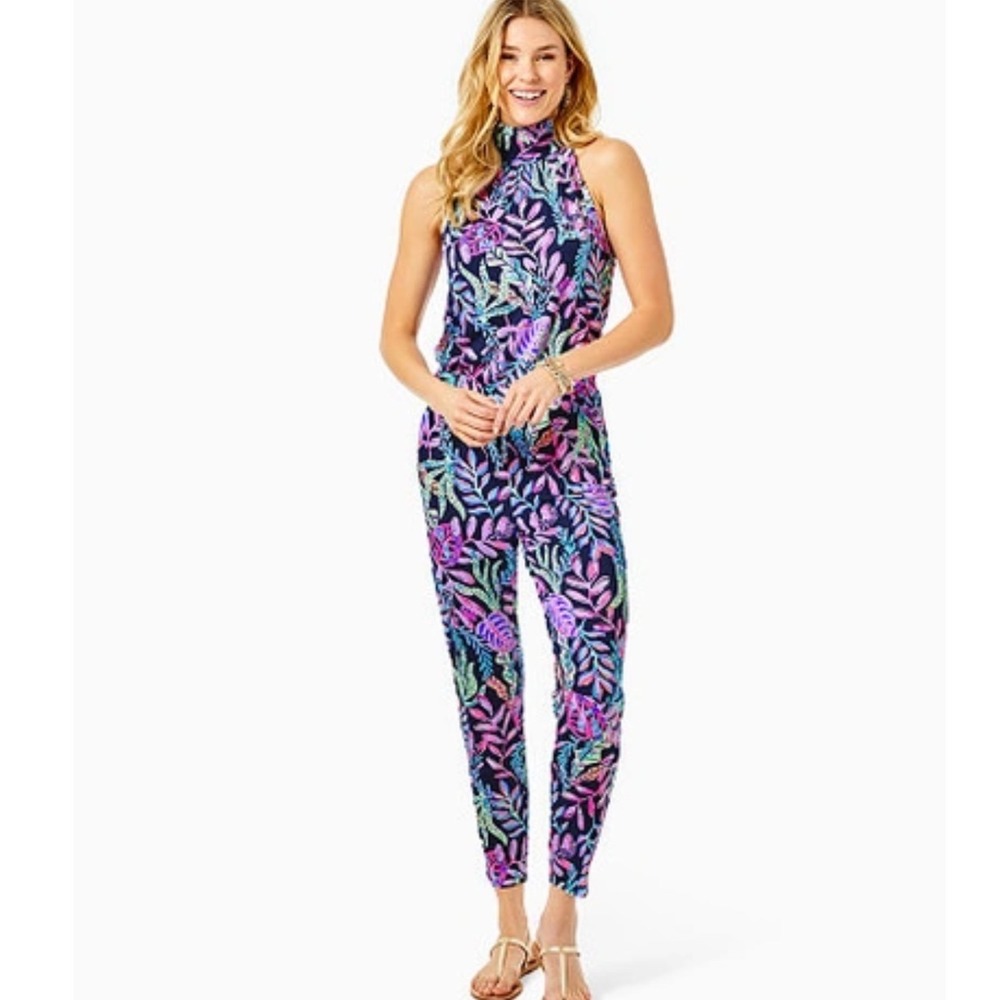 Lilly Pulitzer Wyota Jumpsuit Oyster Bay Navy Youve Been Spotted Floral Large